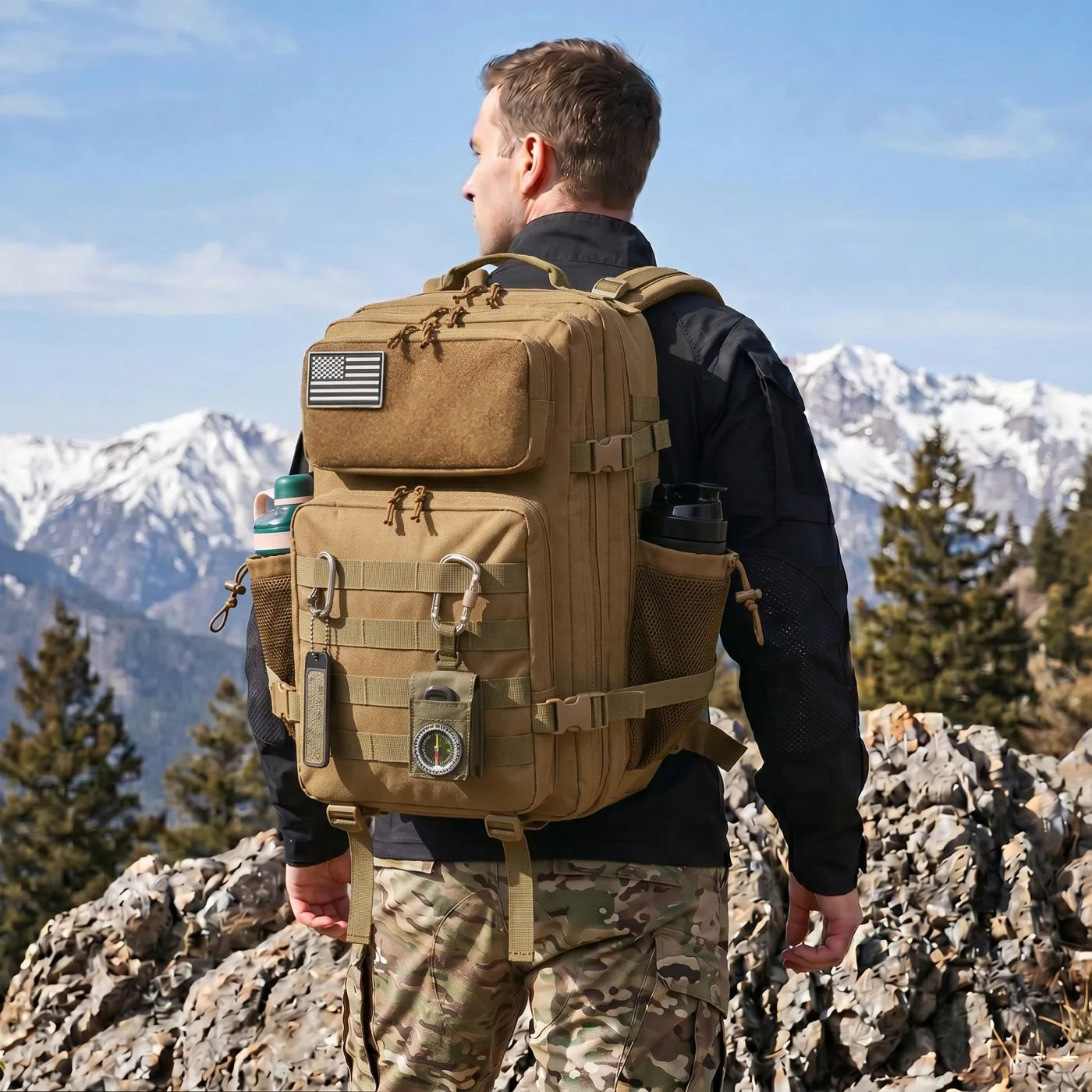 45L Large Capacity Tactical Fishing Backpack Angling Rucksack with Dual Water Bottle Cup Holders Outdoor Camping Fishing Tackle Storage Backpack for Sea Fishing Bank Fishing Hiking Trekking Travel Sports EDC Daily Carry Outdoor Fisherman Gear Bag