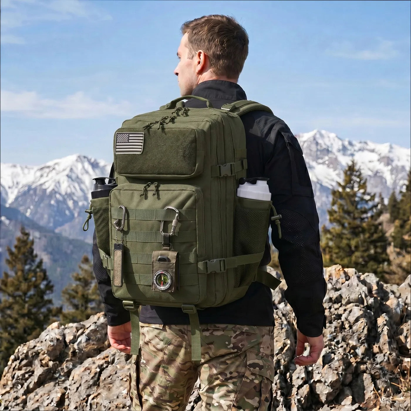 45L Large Capacity Tactical Fishing Backpack Angling Rucksack with Dual Water Bottle Cup Holders Outdoor Camping Fishing Tackle Storage Backpack for Sea Fishing Bank Fishing Hiking Trekking Travel Sports EDC Daily Carry Outdoor Fisherman Gear Bag