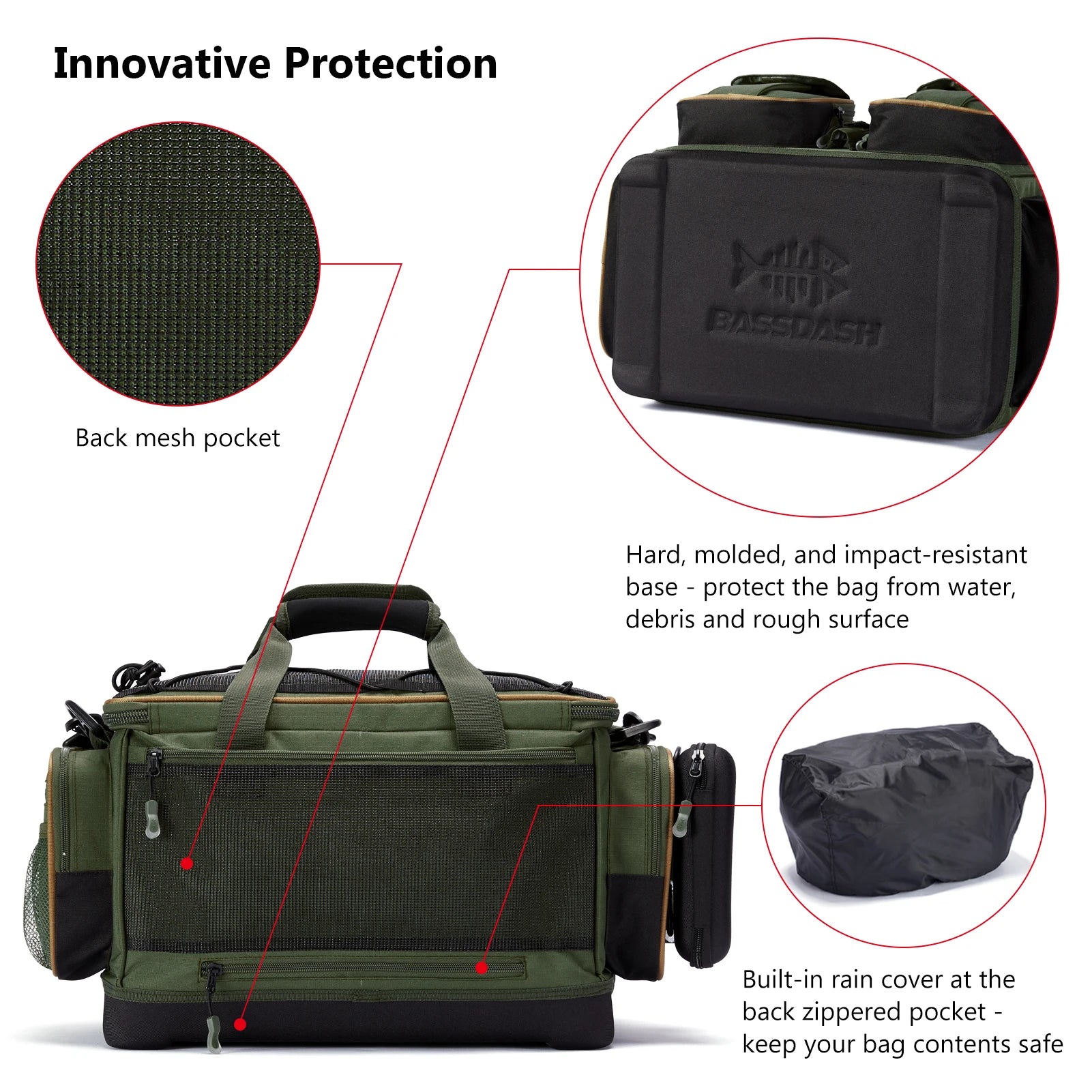 BASSDASH Fishing Tackle Shoulder Bag Water Resistant Lightweight Gear Storage Pack with Hard Molded Bottom Rain Cover
