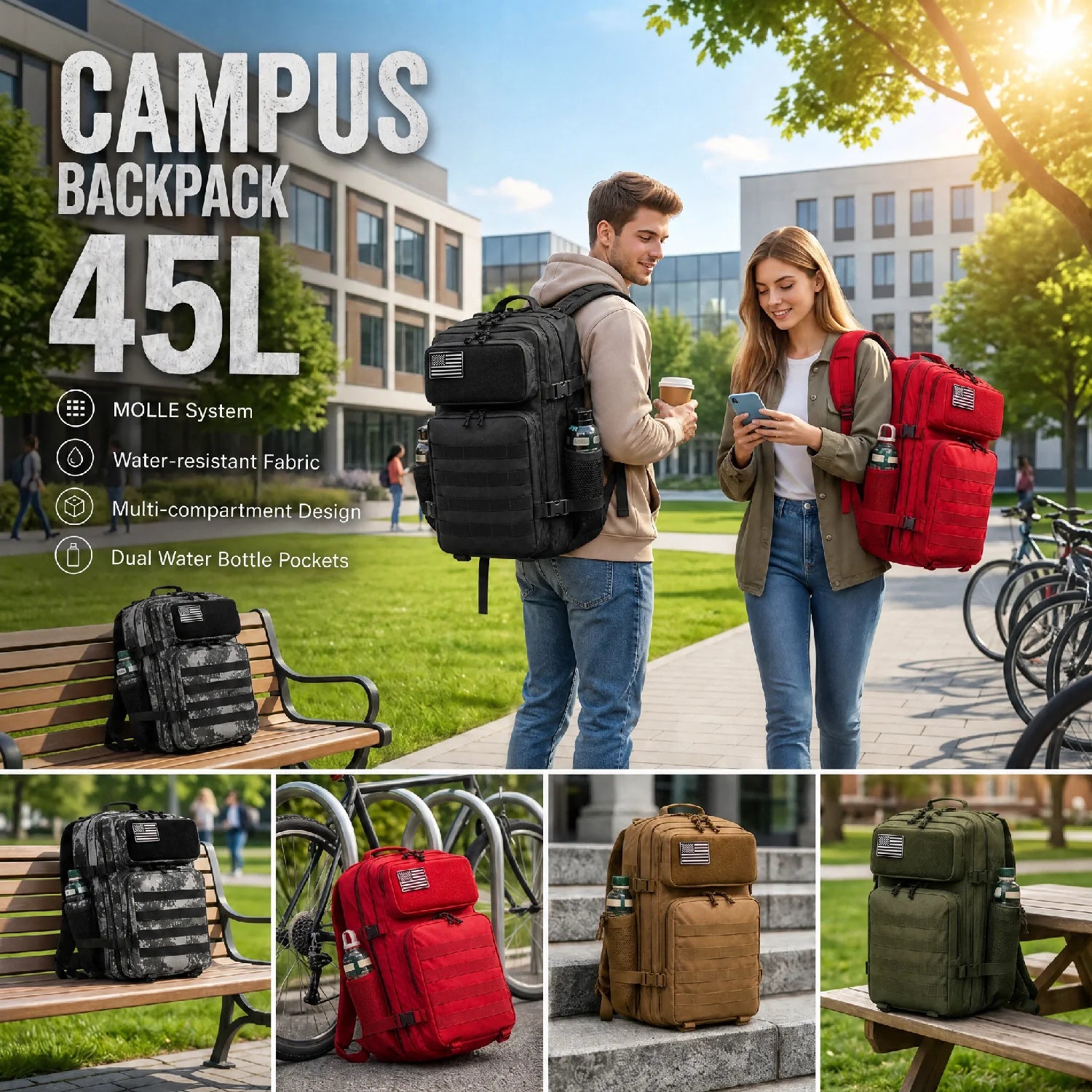 45L Large Capacity Tactical Fishing Backpack Angling Rucksack with Dual Water Bottle Cup Holders Outdoor Camping Fishing Tackle Storage Backpack for Sea Fishing Bank Fishing Hiking Trekking Travel Sports EDC Daily Carry Outdoor Fisherman Gear Bag