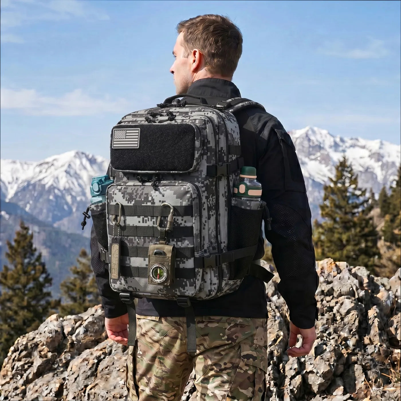 45L Large Capacity Tactical Fishing Backpack Angling Rucksack with Dual Water Bottle Cup Holders Outdoor Camping Fishing Tackle Storage Backpack for Sea Fishing Bank Fishing Hiking Trekking Travel Sports EDC Daily Carry Outdoor Fisherman Gear Bag