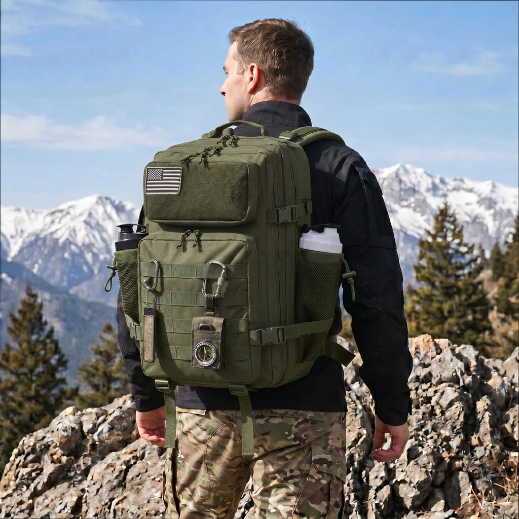 45L Large Capacity Tactical Fishing Backpack Angling Rucksack with Dual Water Bottle Cup Holders Outdoor Camping Fishing Tackle Storage Backpack for Sea Fishing Bank Fishing Hiking Trekking Travel Sports EDC Daily Carry Outdoor Fisherman Gear Bag