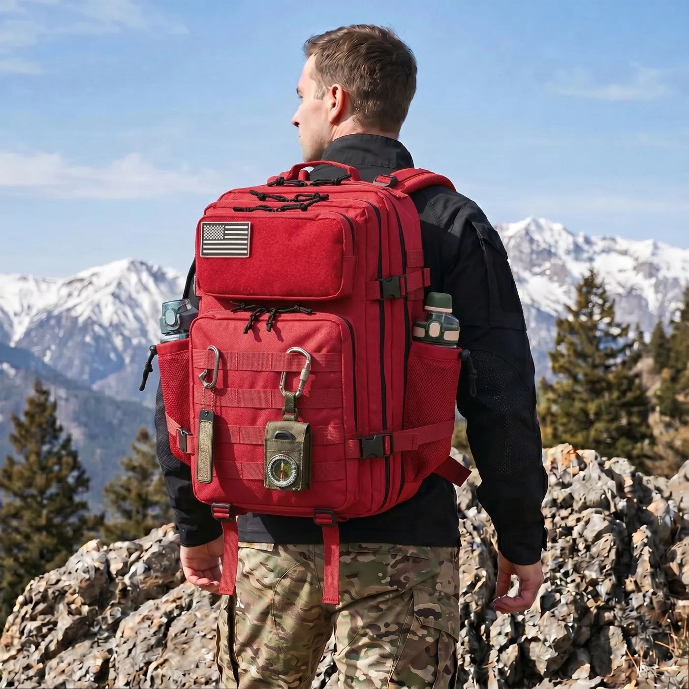 45L Large Capacity Tactical Fishing Backpack Angling Rucksack with Dual Water Bottle Cup Holders Outdoor Camping Fishing Tackle Storage Backpack for Sea Fishing Bank Fishing Hiking Trekking Travel Sports EDC Daily Carry Outdoor Fisherman Gear Bag