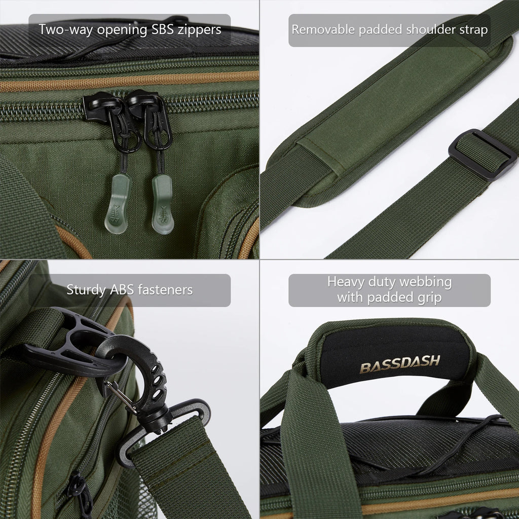 BASSDASH Fishing Tackle Shoulder Bag Water Resistant Lightweight Gear Storage Pack with Hard Molded Bottom Rain Cover