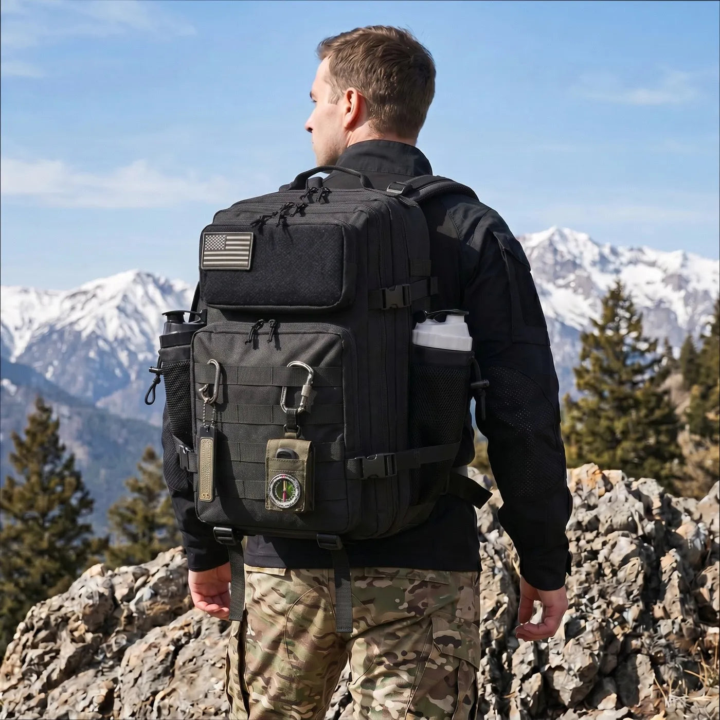 45L Large Capacity Tactical Fishing Backpack Angling Rucksack with Dual Water Bottle Cup Holders Outdoor Camping Fishing Tackle Storage Backpack for Sea Fishing Bank Fishing Hiking Trekking Travel Sports EDC Daily Carry Outdoor Fisherman Gear Bag